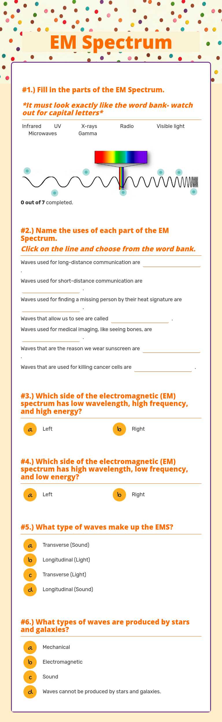 EM Spectrum worksheet preview image