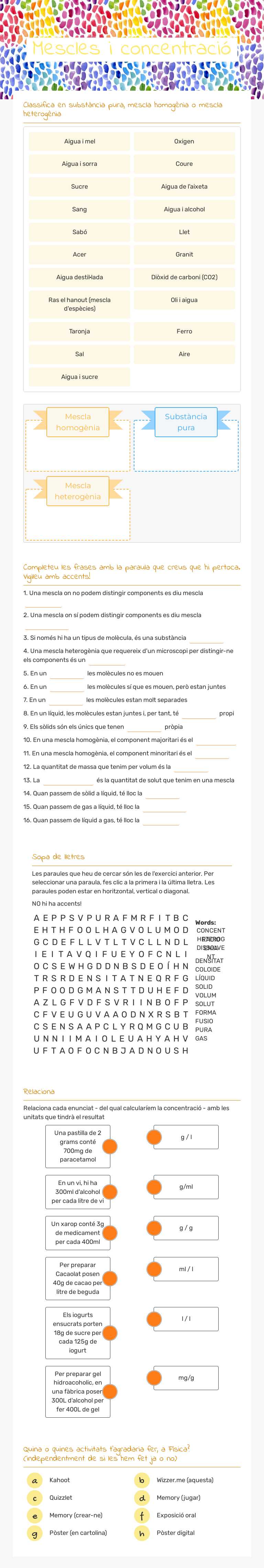 Mescles i concentració worksheet preview