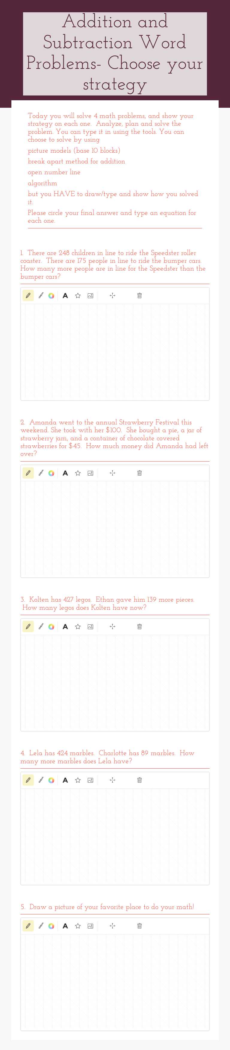 Addition and Subtraction Word Problems- Choose your strategy Grade 3 worksheet preview