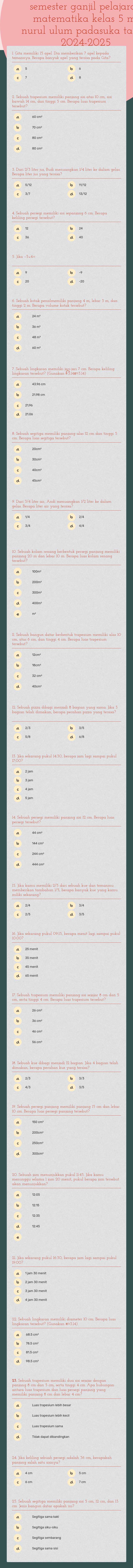 semester ganjil pelajaran matematika kelas 5 mi nurul ulum padasuka tahun 2024-2025 worksheet preview image