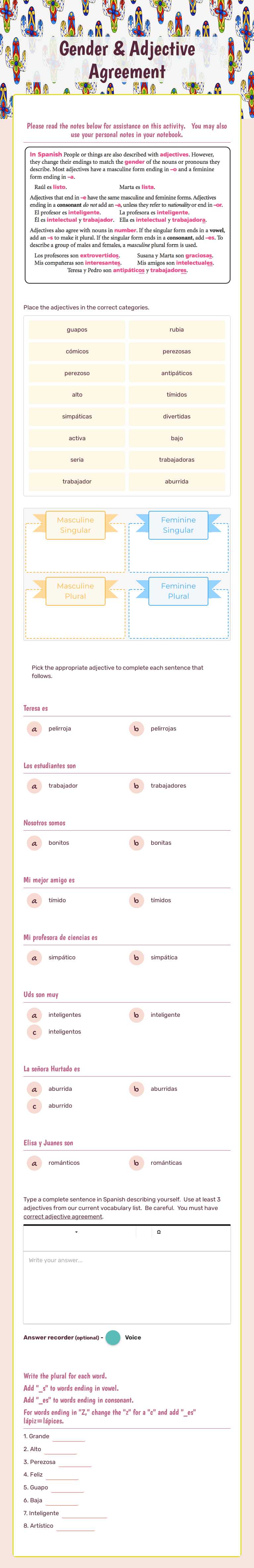 Gender & Adjective Agreement worksheet preview image