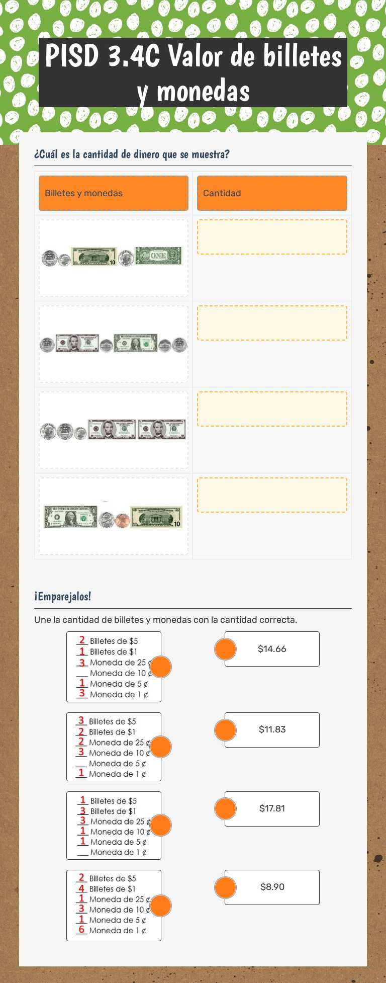 PISD 3.4C Valor de billetes y monedas worksheet preview image