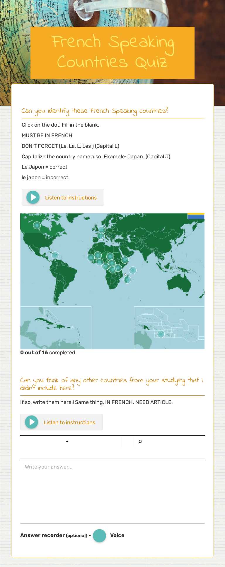 French Speaking Countries Quiz worksheet preview image