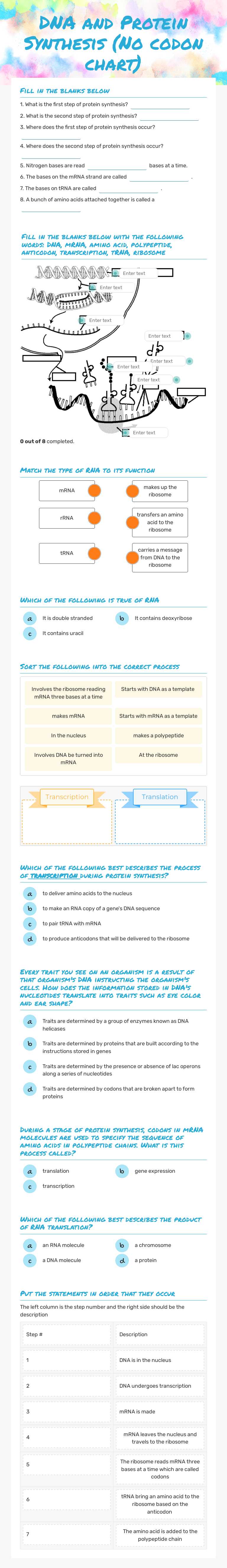 DNA and Protein Synthesis (No codon chart) Grade 10 worksheet preview