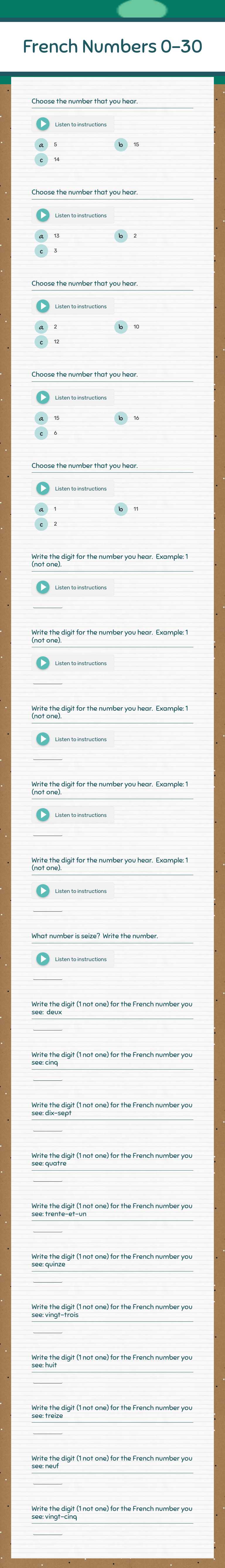 French Numbers 0-30 worksheet preview image