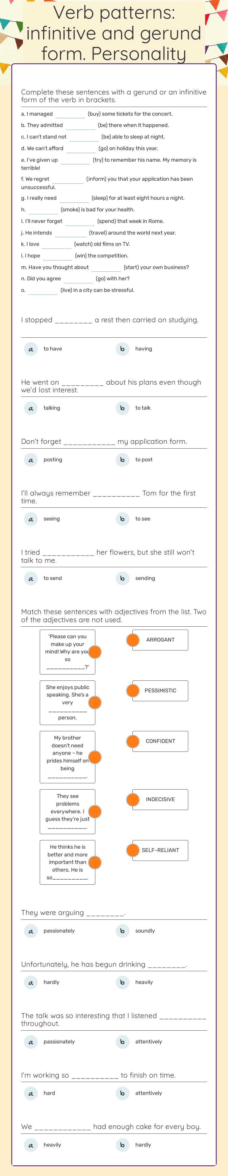 Verb patterns: infinitive and gerund form. Personality adjectives. worksheet preview image