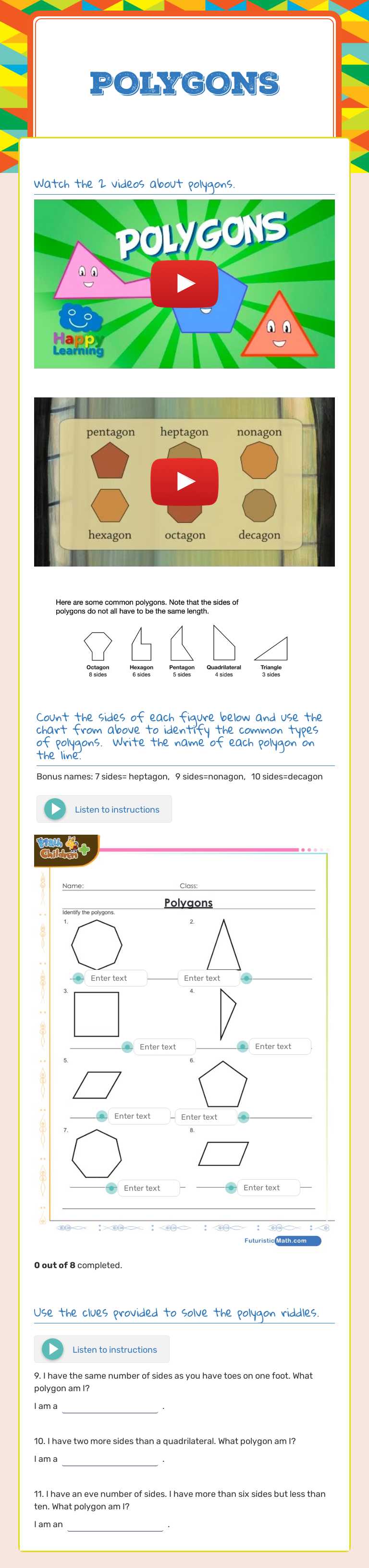 Polygons worksheet preview image
