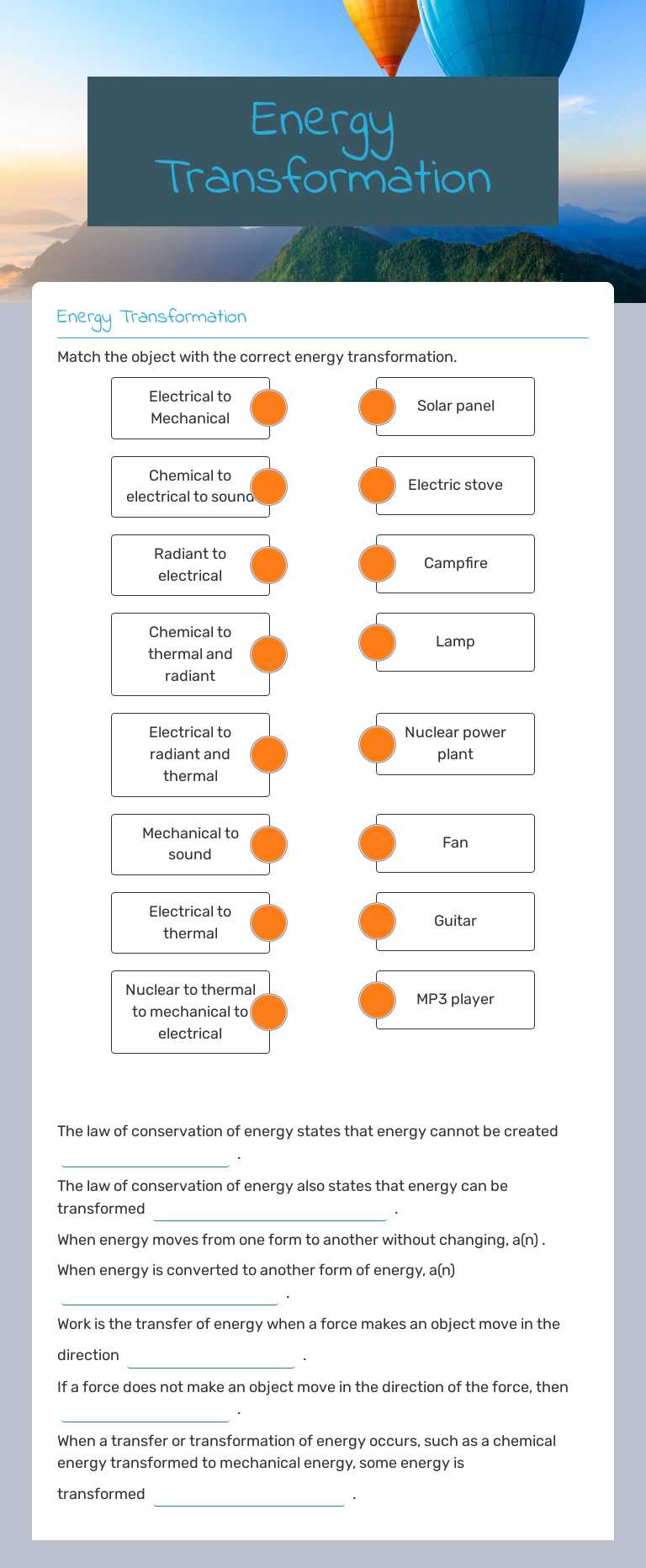 Energy Transformation worksheet preview image