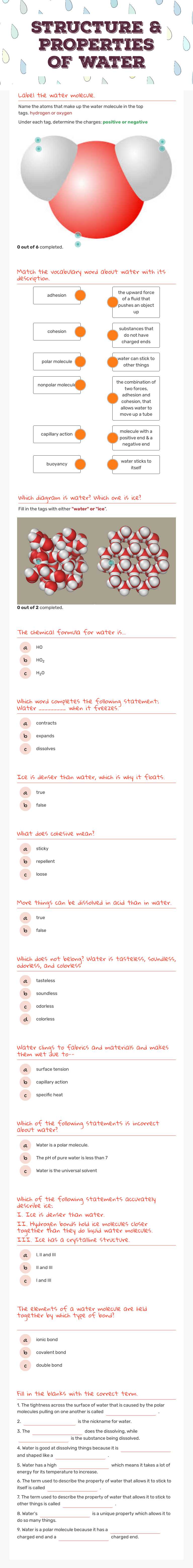 STRUCTURE & PROPERTIES OF WATER Grade 9 worksheet preview