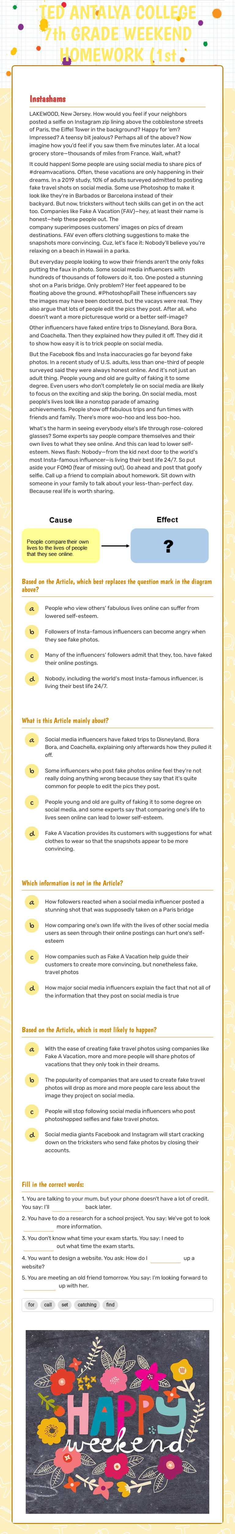 TED ANTALYA COLLEGE 7th GRADE WEEKEND HOMEWORK (1st October) worksheet preview image
