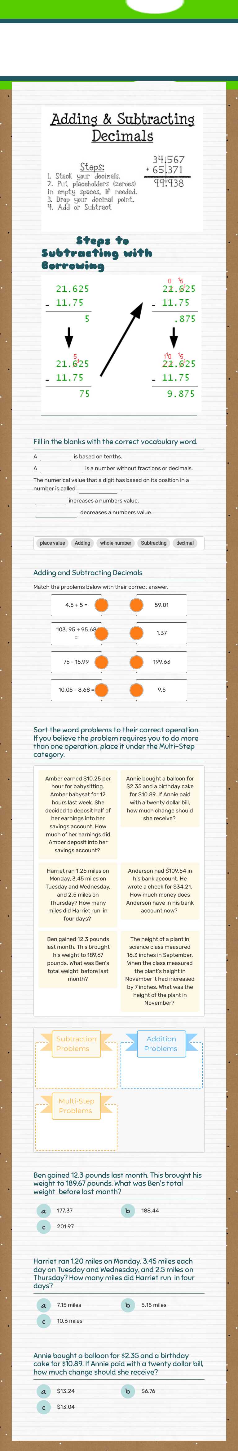 Adding and Subtracting Decimals worksheet preview image