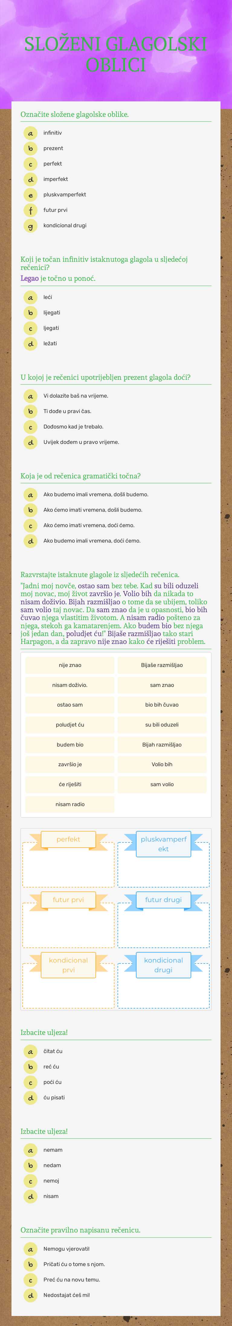 SLOŽENI GLAGOLSKI OBLICI worksheet preview image
