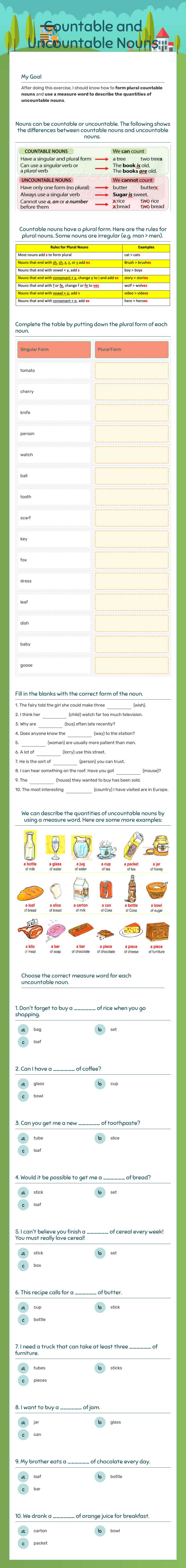 Countable and Uncountable Nouns worksheet preview image