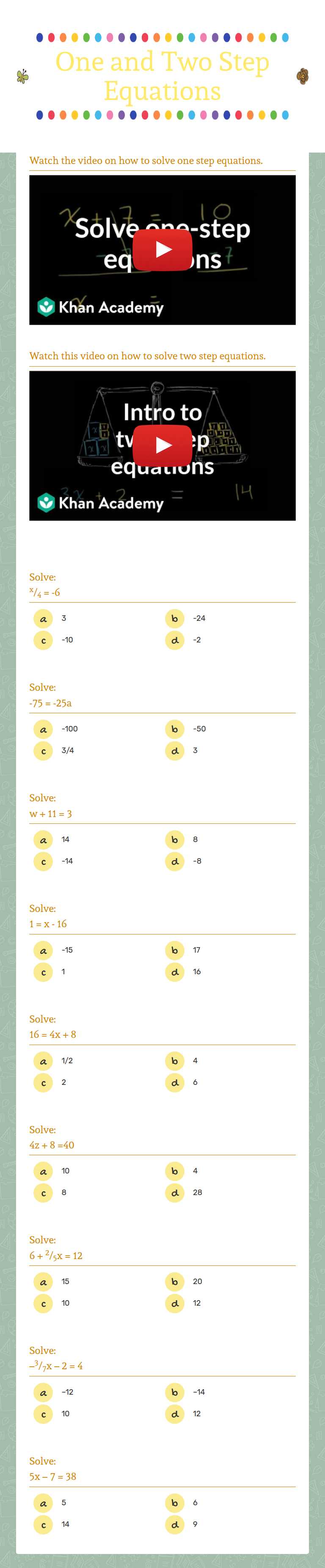 One and Two Step Equations worksheet preview image