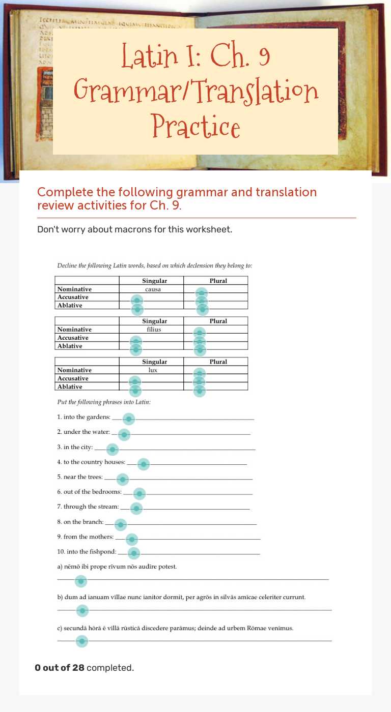 Latin I: Ch. 9 Grammar/Translation Practice worksheet preview image