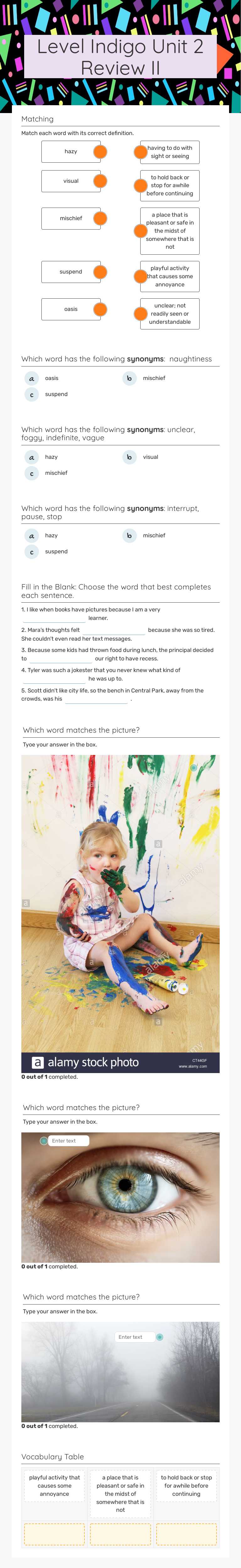 Level Indigo Unit 2   Review II worksheet preview image