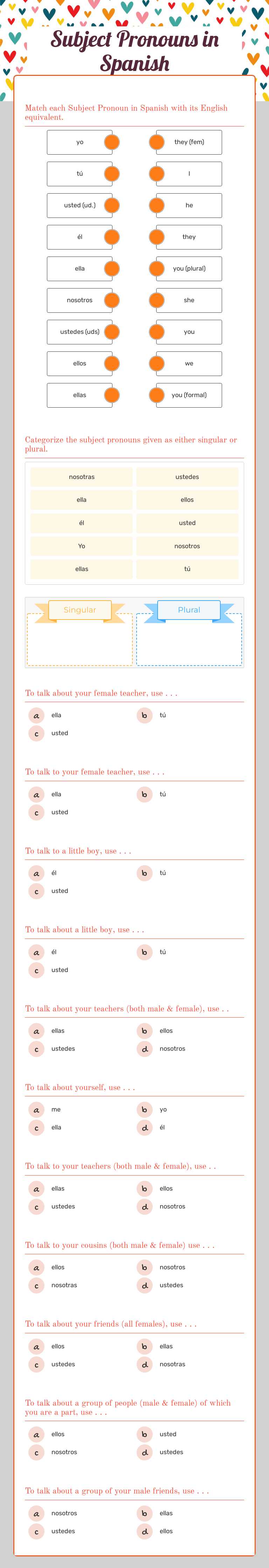 Subject Pronouns in Spanish worksheet preview image