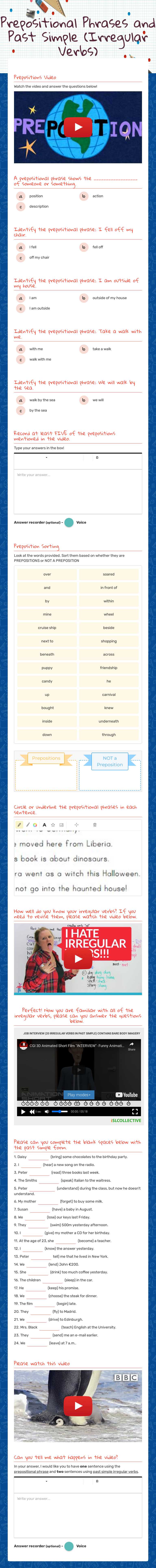 Prepositional Phrases and Past Simple (Irregular Verbs) worksheet preview image