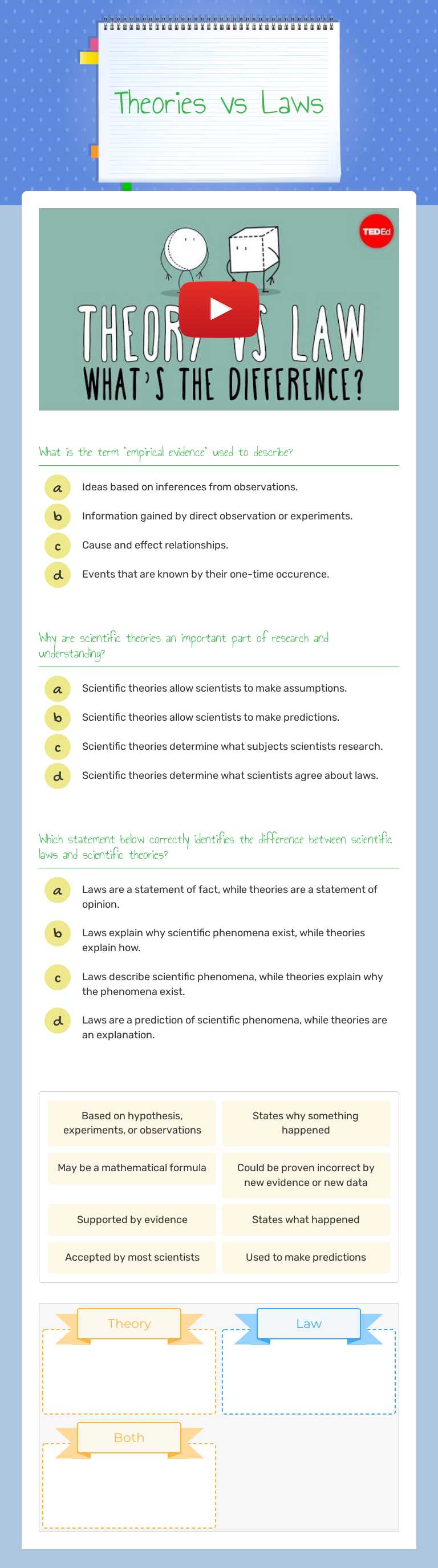 Theories vs Laws worksheet preview image