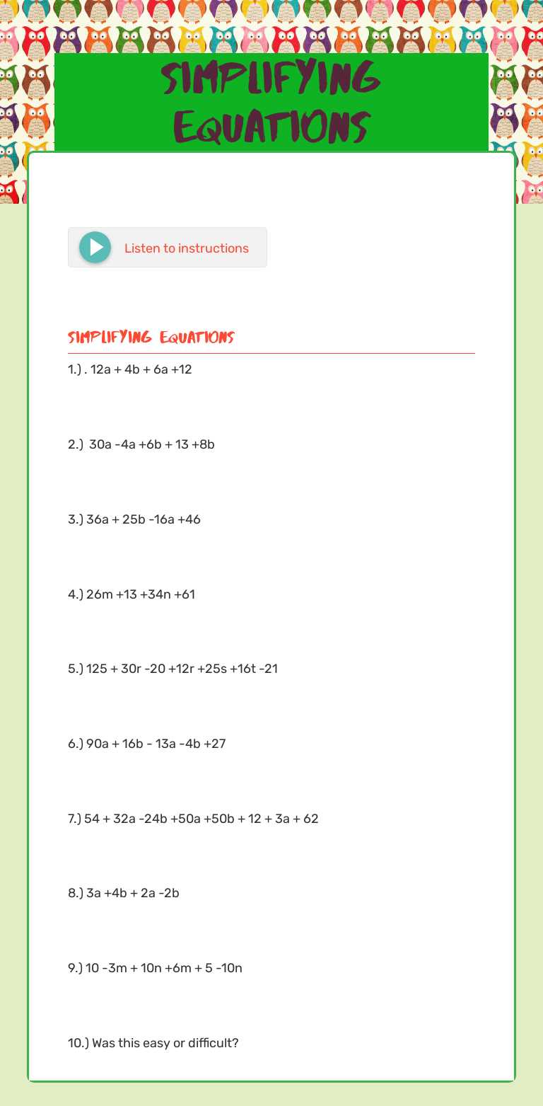 Simplifying Equations Grade 6 worksheet preview