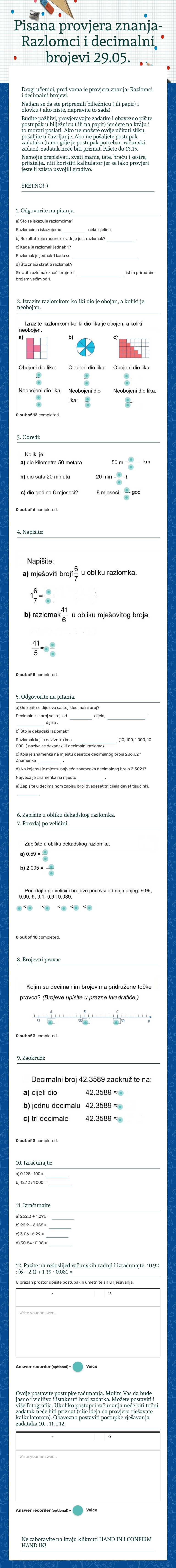 Pisana provjera znanja-Razlomci i decimalni brojevi 29.05. worksheet preview image