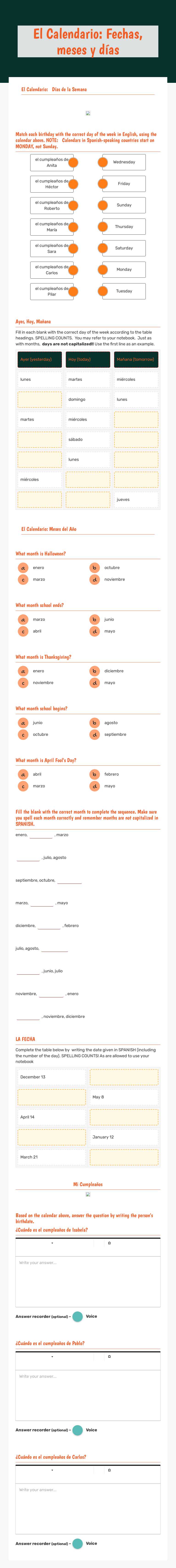 El Calendario: Fechas, meses y días worksheet preview image