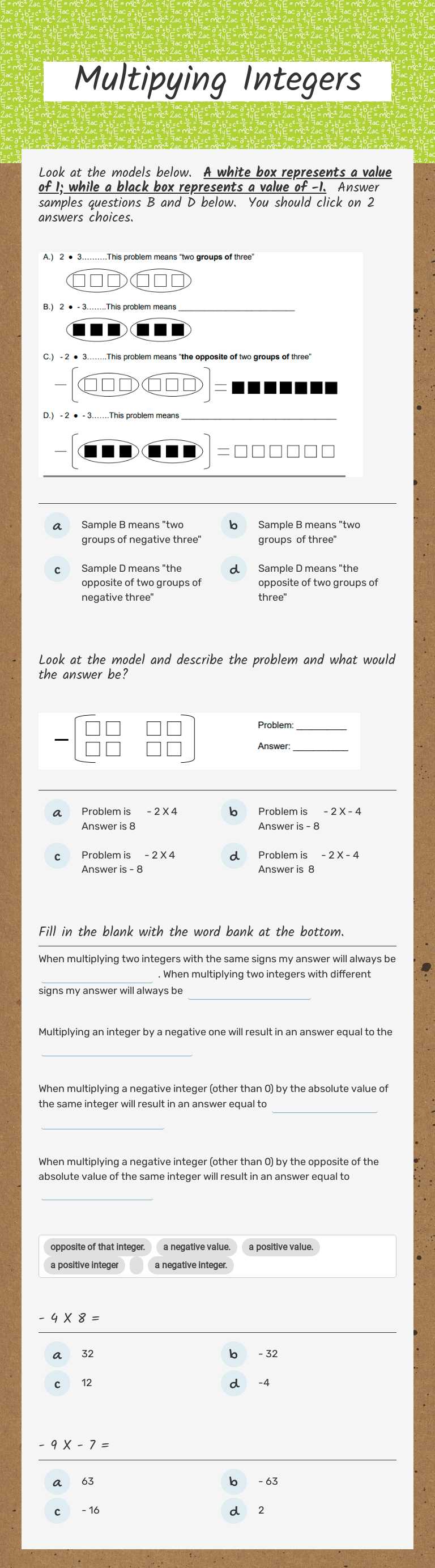 Multipying Integers Grade 6 worksheet preview