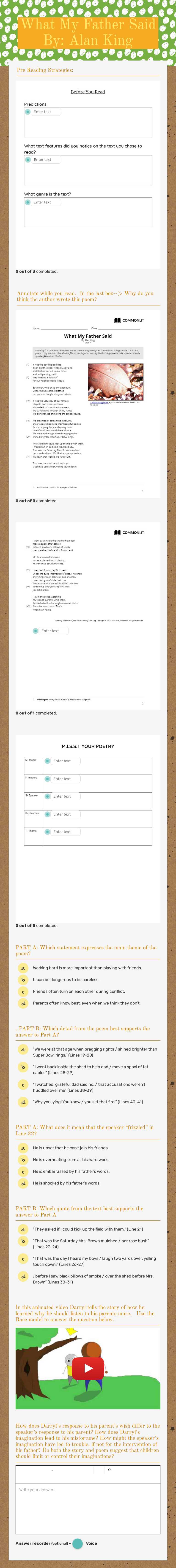 What My Father Said          By: Alan King worksheet preview image