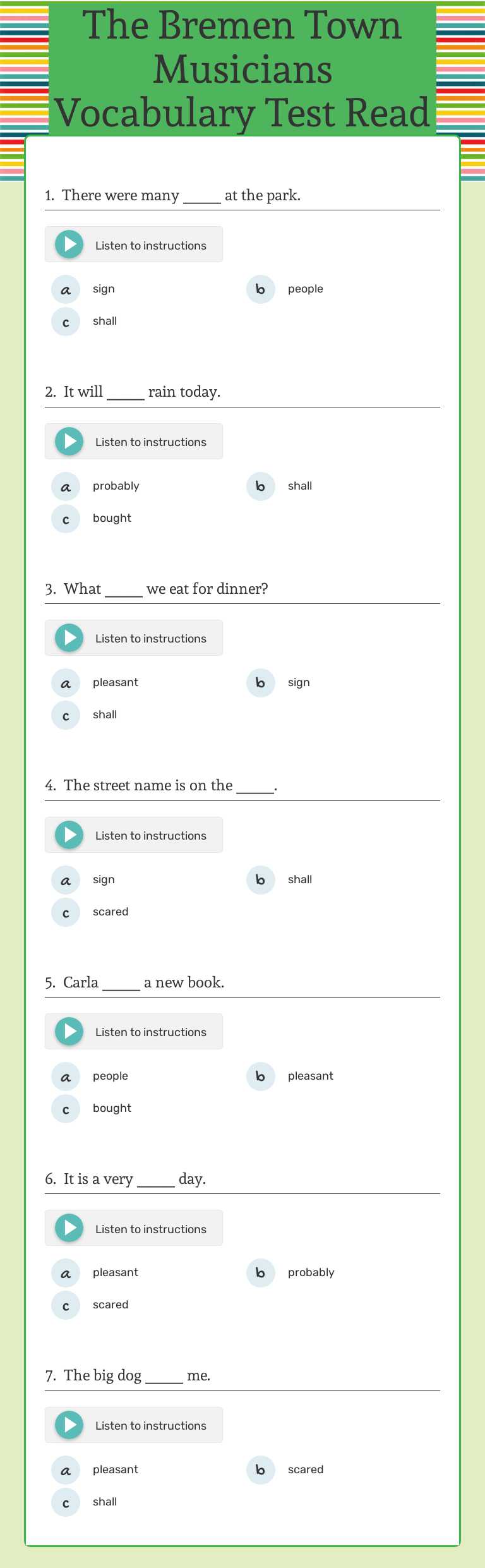 The Bremen Town Musicians Vocabulary Test Read Aloud worksheet preview image