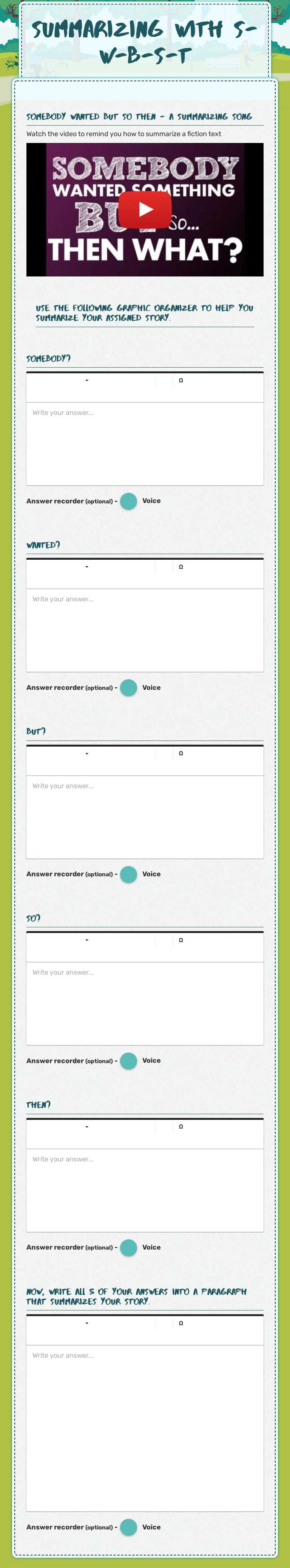 Summarizing with  S-W-B-S-T Grade 3 worksheet preview