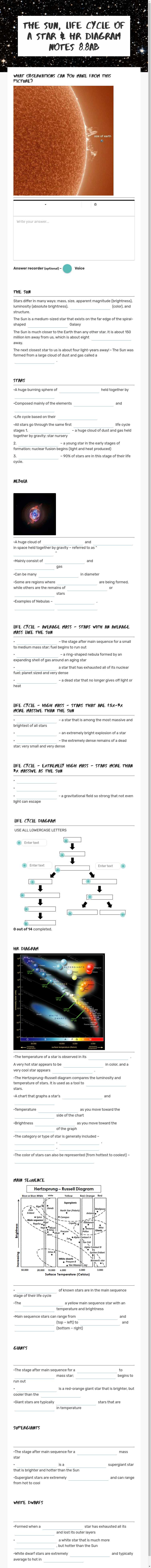 The Sun, Life Cycle of a Star & HR Diagram Notes 8.8AB worksheet preview image