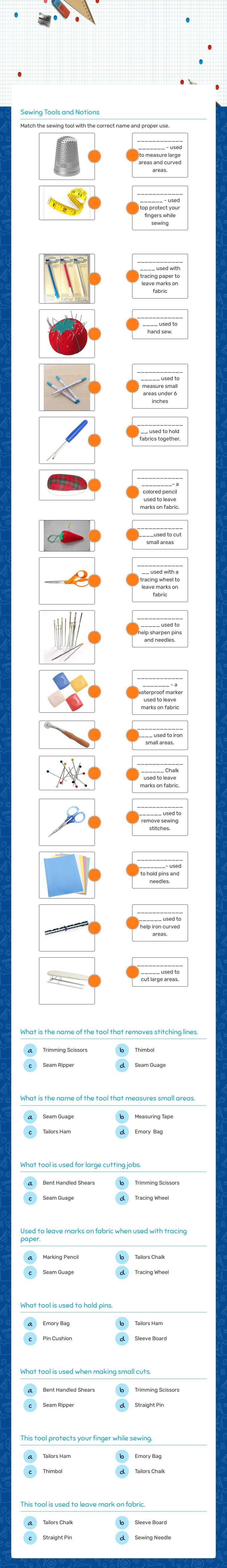 1st Quarter Sewing Tools Worksheet worksheet preview image