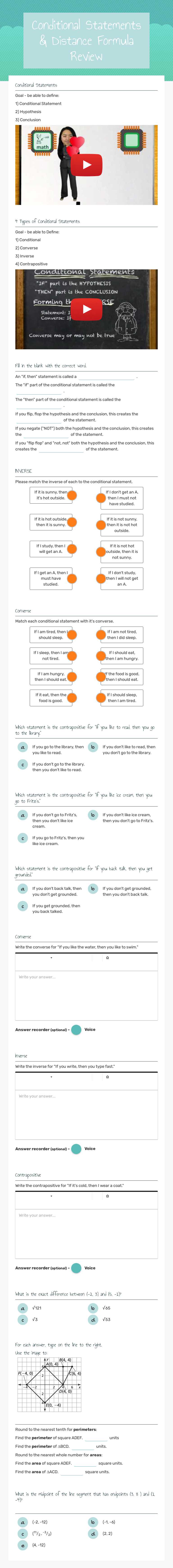 Conditional Statements & Distance Formula Review Grade 10 worksheet preview