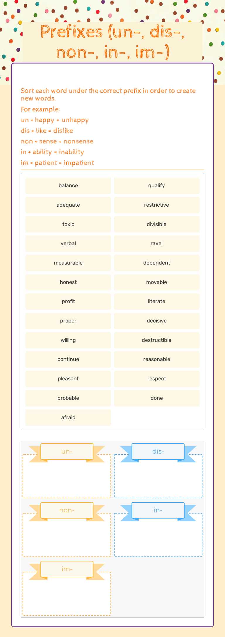 Prefixes                                 (un-, dis-, non-, in-, im-) worksheet preview image