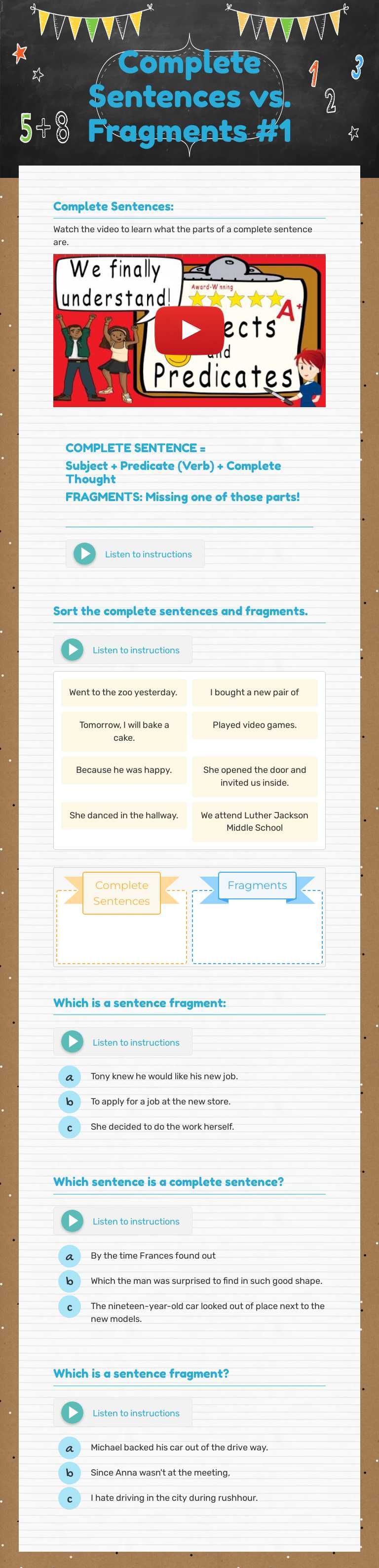 Complete Sentences vs. Fragments #1 worksheet preview image