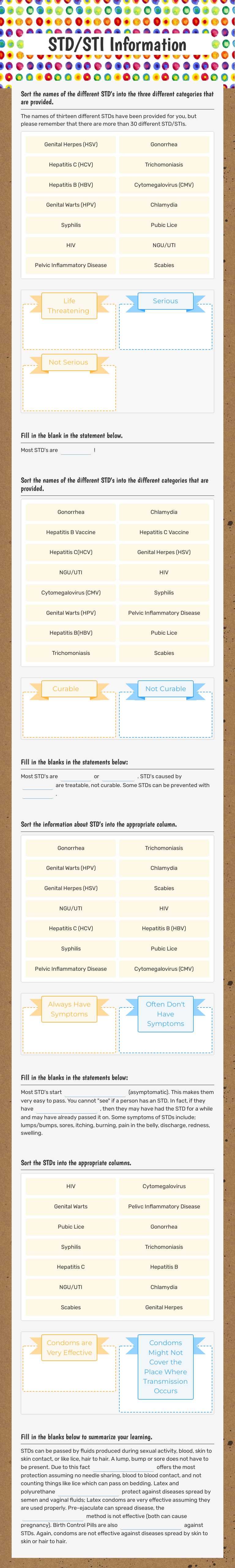 STD/STI Information worksheet preview image