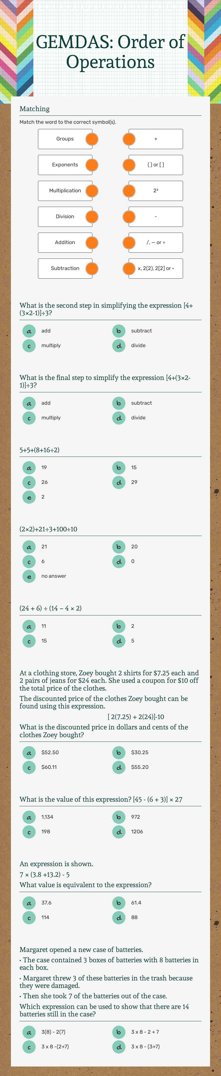 GEMDAS: Order of Operations worksheet preview image