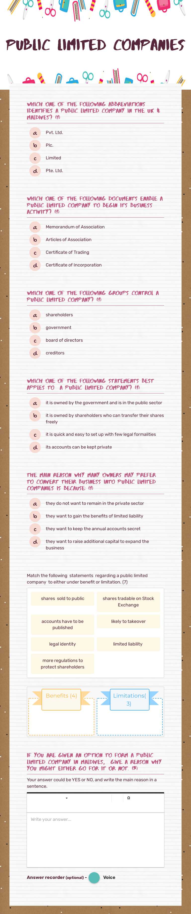 public limited companies worksheet preview image
