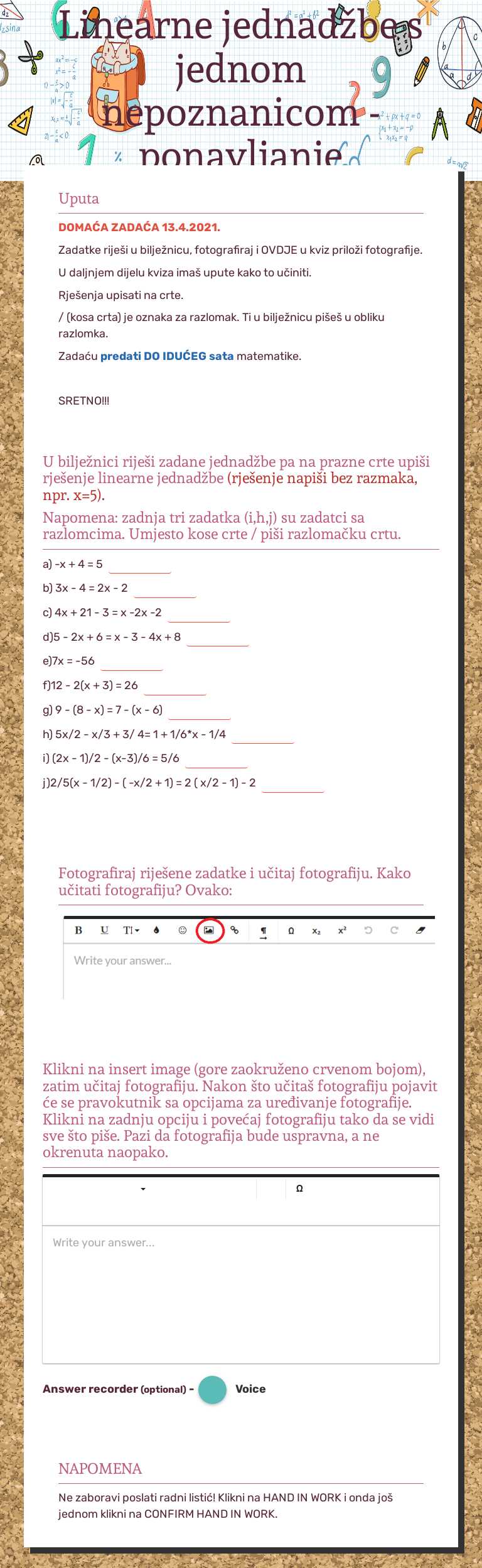 Linearne jednadžbe s jednom nepoznanicom - ponavljanje worksheet preview image
