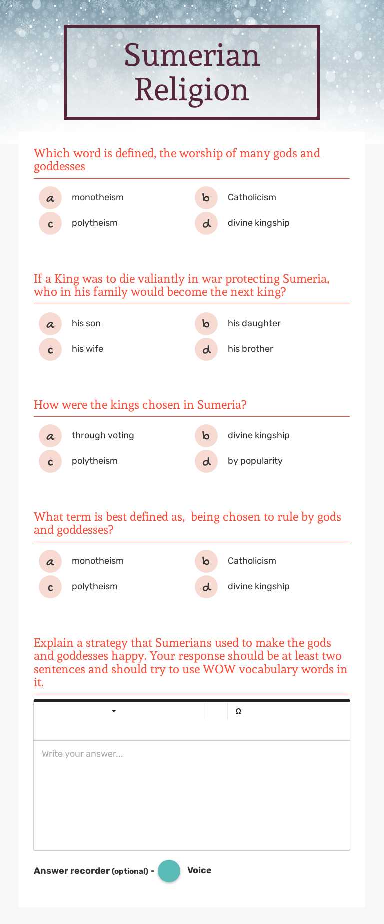 Sumerian Religion worksheet preview image