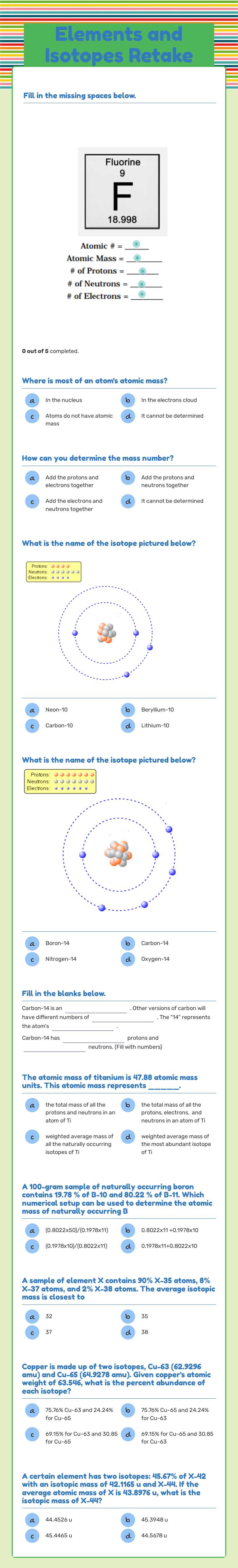 Elements and Isotopes Retake Grade 10 worksheet preview