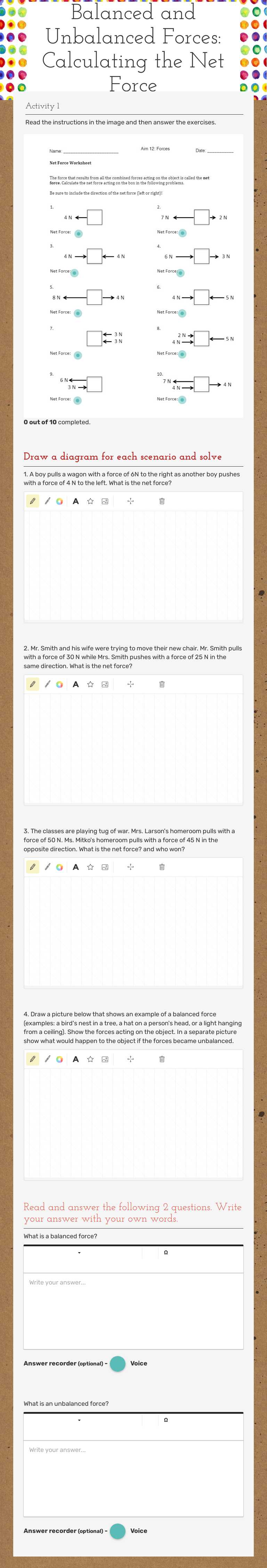 Balanced and Unbalanced Forces: Calculating the Net Force Grade 8 worksheet preview