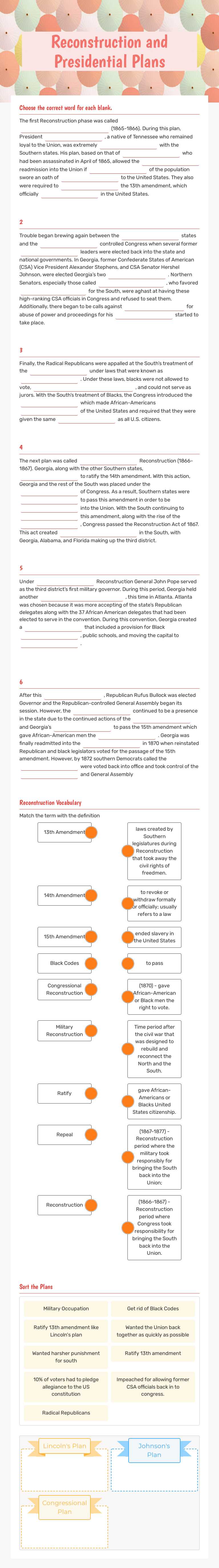 Reconstruction and Presidential Plans worksheet preview image