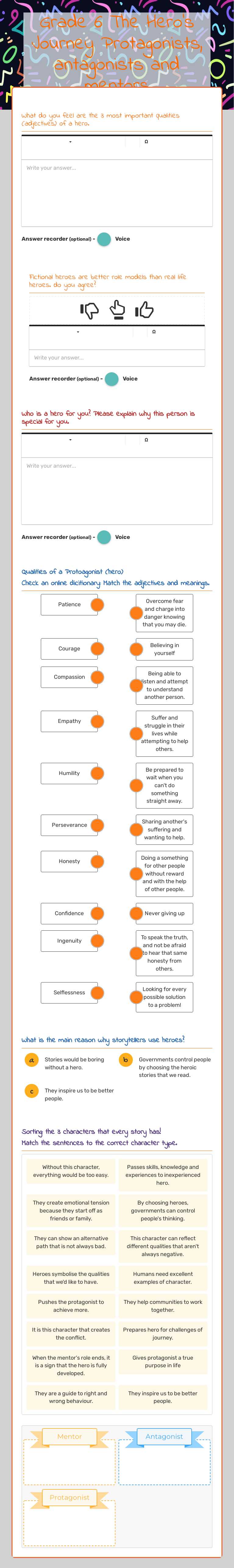 Grade 6               
The Hero's 
    Journey      
  Protagonists, antagonists and mentors worksheet preview image