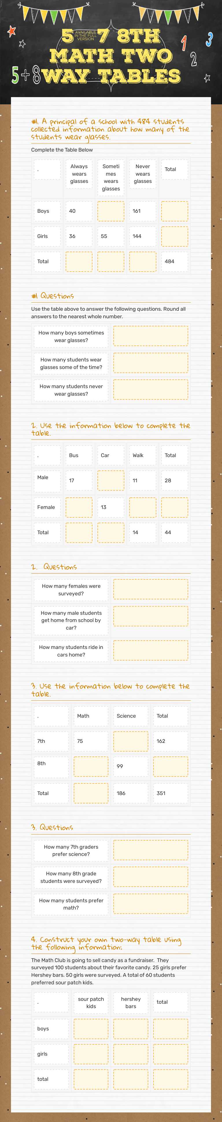 5/7 8th math Two Way Tables Grade 8 worksheet preview