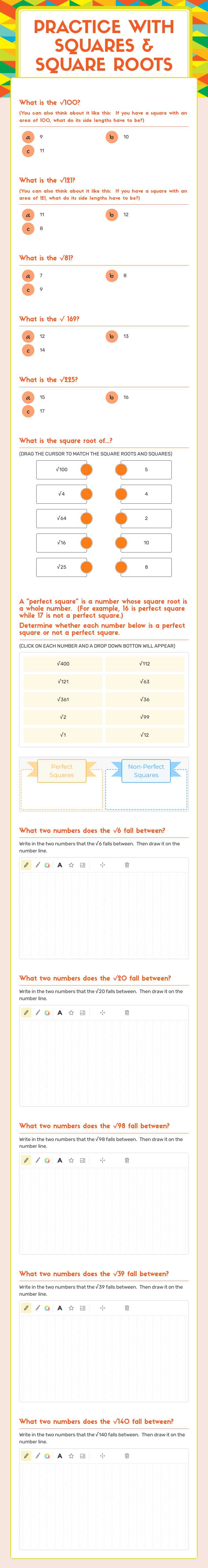 Practice with 
squares & square roots Grade 7 worksheet preview
