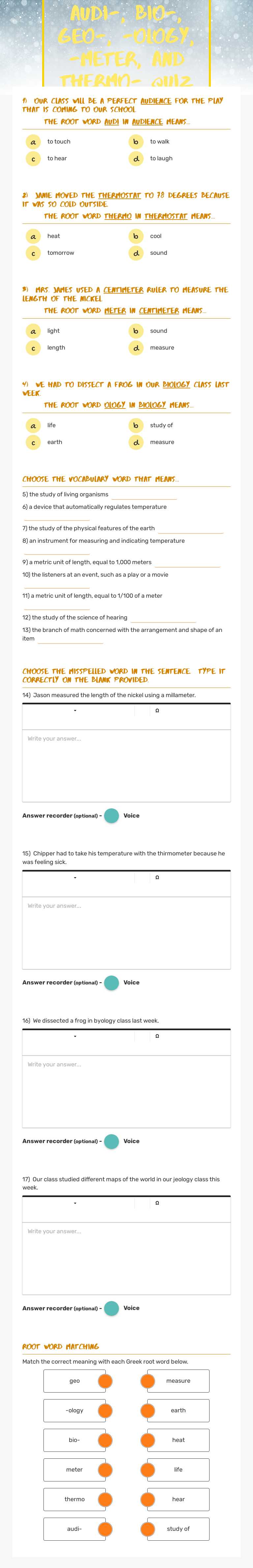 audi-, bio-, geo-, -ology, -meter, and thermo- Quiz worksheet preview image