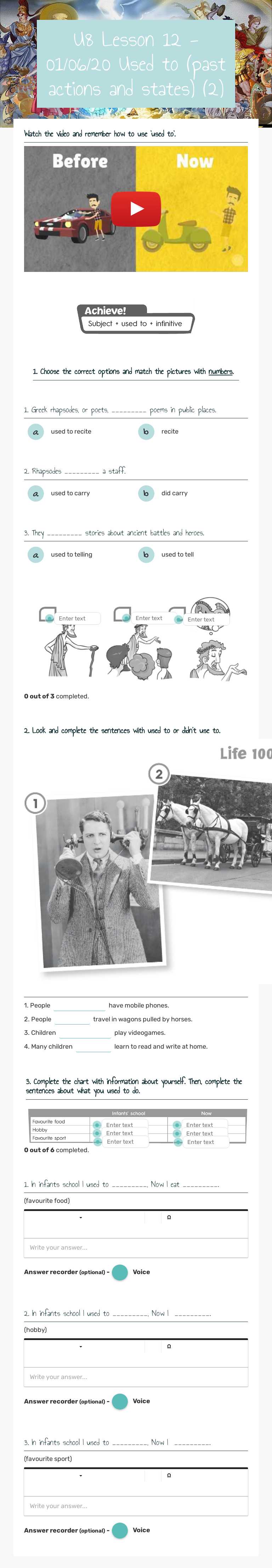 U8 Lesson 12 - 01/06/20 Used to (past actions and states) (2) worksheet preview image