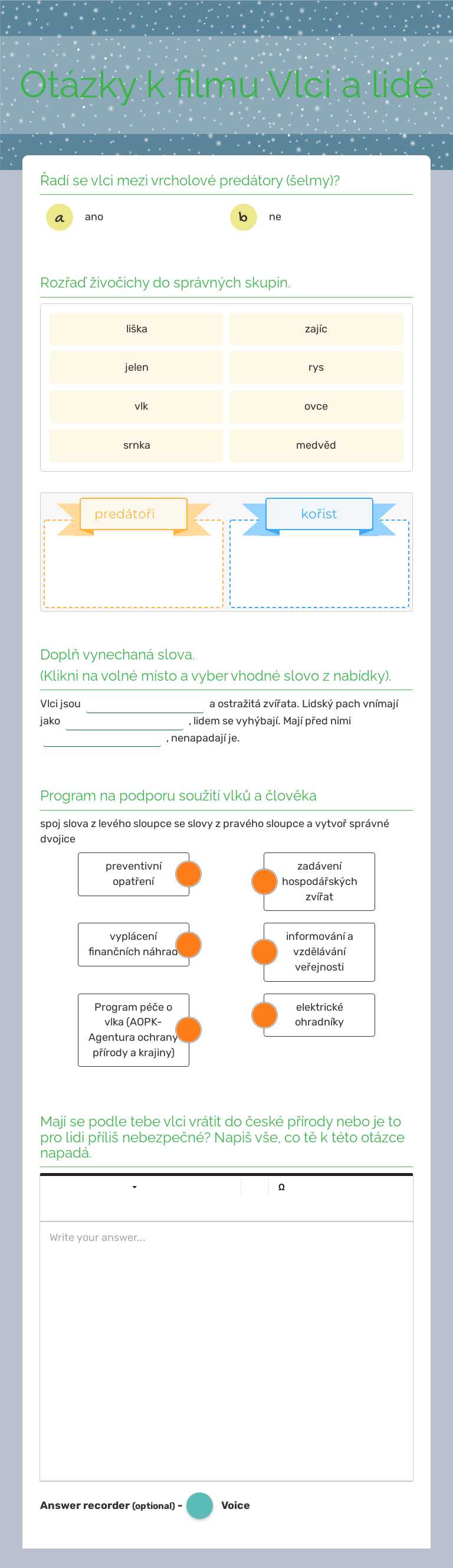 Otázky k filmu Vlci a lidé worksheet preview image
