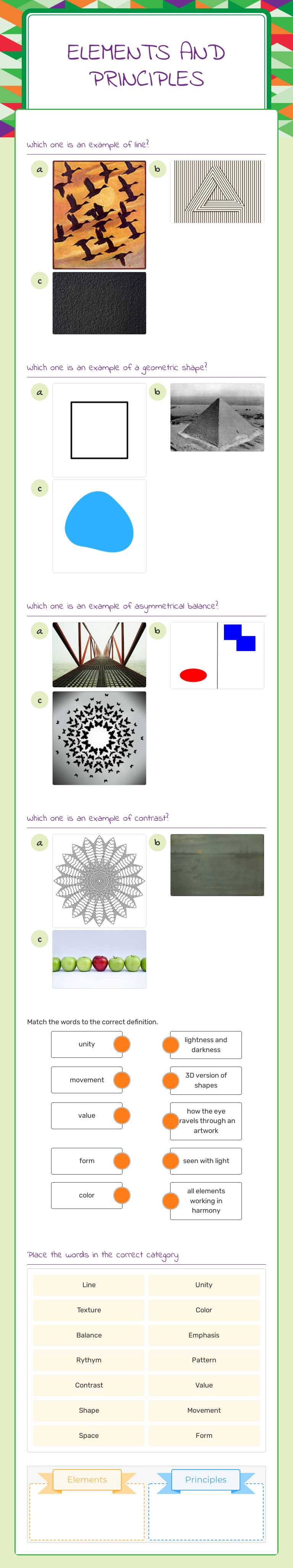Elements and Principles Grade 6 worksheet preview